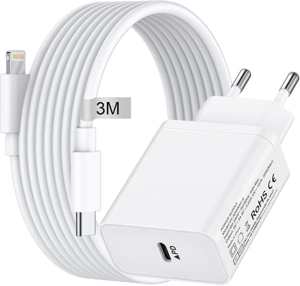 iPhone Snabbladdare USB-C Strömadapter 20W (14/13/12/11) + 3m Kabel vit usb-c 3 meter_yux