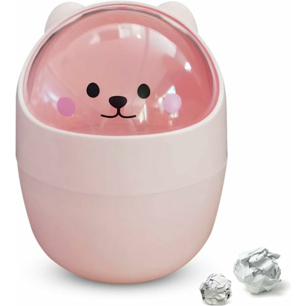 Mini Skrivbords Papperskorg med Lock, Högkvalitativ Plast Tecknad Björnform Skrivbords Papperskorg (Rosa)
