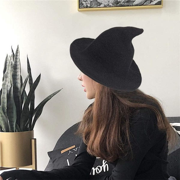 Svarta häxhattar för kvinnor Modern stickad ull trollkarl mössa för Halloween-fest kostym