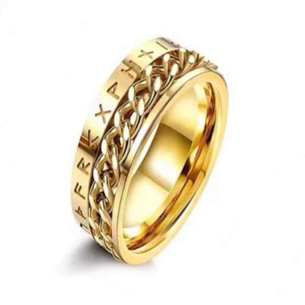 Populær vikingebogstaver rustfrit stål ring kæde titan stål ring ring nordisk stil gold Standard size 8