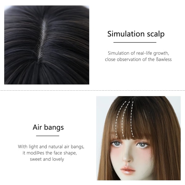 TG Hårfärgningsperuk for kvinder Syntetiskt hår Naturlig lang rak peruk med lugg (25 tum, Honey tea Dye Top Black)