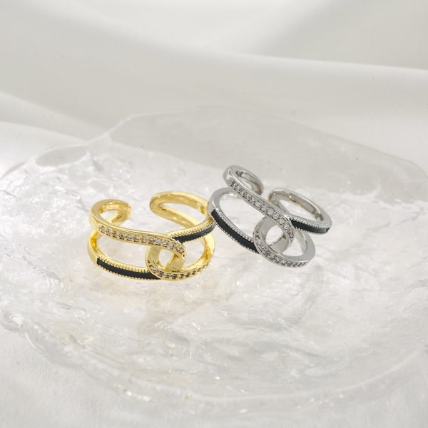 Dubbel C-spänne damring kopparplatinapläterad zirkon smyckesring (2 stykker)