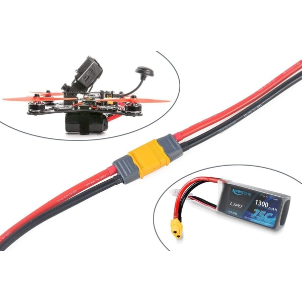 2 stk. XT60 han-stik med kabelhus med 150 mm 12AWG silikoneledning til RC Lipo batteri FPV drone