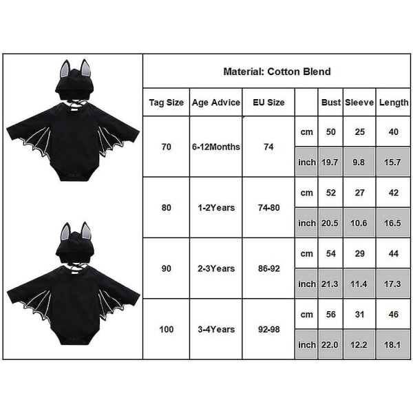 TG Toddler Pojkar Flickor Halloween Fladdermusdräkt Romper Hatt Outfit 6-12 månader
