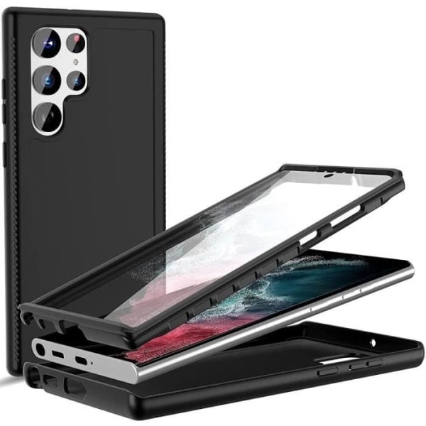 Indbygget etui til Samsung S22 Ultra, Hybridbeskyttelse 360° Silikon + PET Sort