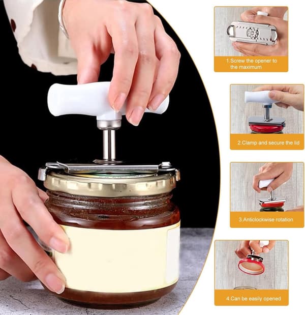 Justerbar Glasåbner, Spiralgear Design i Rustfrit Stål, Passer til 2,5-10 cm Låg, Til Ældre og Gigtramte, 2-pak Hvid