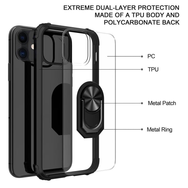 iPhone 11 deksel med fingerring, kickstand, TPU hybrid, svart