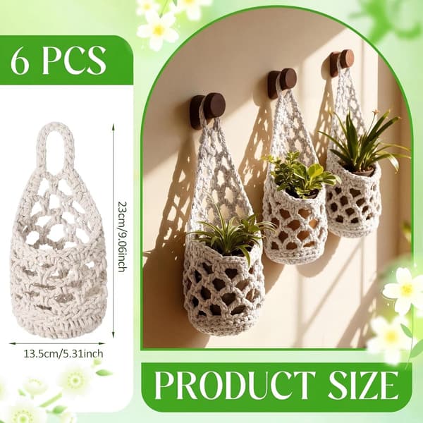 Makrame Väggkorgar för Växter, Handvävd Bomull, Platsbesparande Inredning för Vardagsrum, Set om 6, Vit, 13 x 24 cm