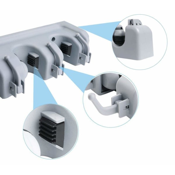 Kvastmopphållare Tidy Organizer, Väggmonterad Organizer med 5 positioner 6 krokar för borstmopp och borstverktygsförvaring