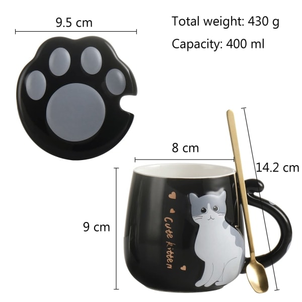 Kattmugg Söt keramisk kaffekopp med härligt kattklolock Rostfri sked, set 400ml/13.5oz