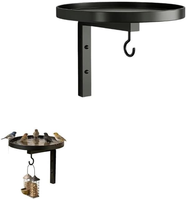 Vægmonteret fuglebad og foderbræt med krog, rustik metal fuglefoderstation til have, terrasse, altan, sort