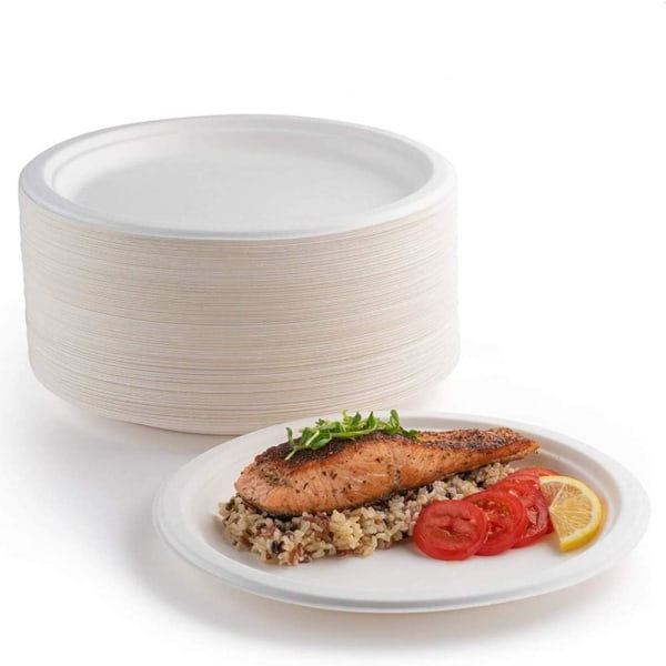 100 hvite papptallerkener, ?18cm, 100% biologisk nedbrytbare og komposterbare, miljøvennlige engangstallerkener for piknik og grilling (18 cm/100 stk)