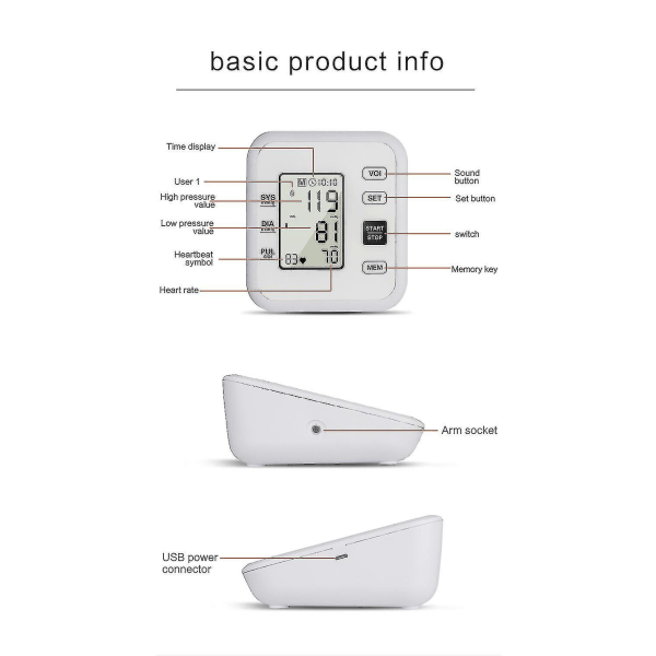 Automatisk blodtrykksmåler for overarmen, intelligent hjemmeblodtrykksdetektor -