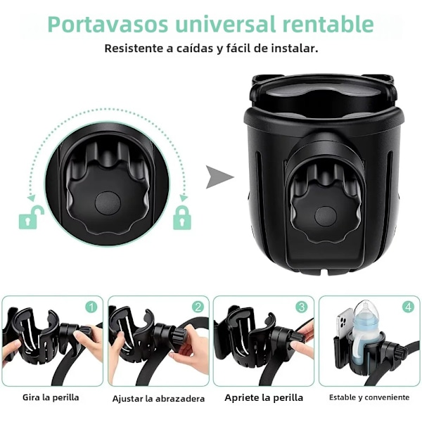 Polkupyörän ja lastenrattaiden juomateline, nopea vesipulloteline säädettävällä hihnavapautuskiinnikkeellä, musta Black 1PC