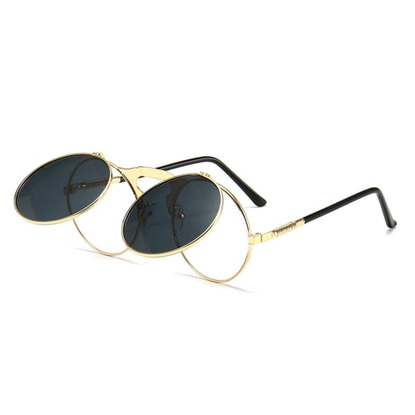 Retro Pyöreät Käännettävät Steampunk-Aurinkolasit 80-luku 90-luku Vintage Ympyrä Kultamusta Yksikoko