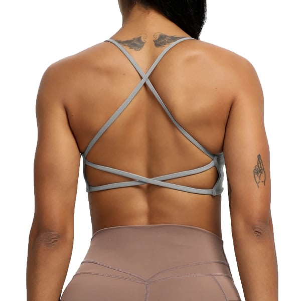 Träningspass for damer Sportbehåar Fitness ryggløs vadderad behå med låg slagkraft Yoga Crop linne-grå