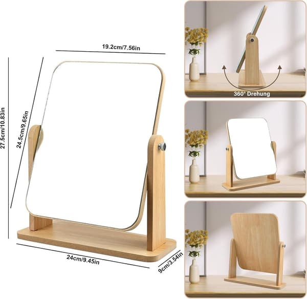 Sminkspegel i trä för bord med 360 graders rotation, rektangulär HD-sminkspegel för byrå, sovrum, badrum, 24,5 x 19,5 cm