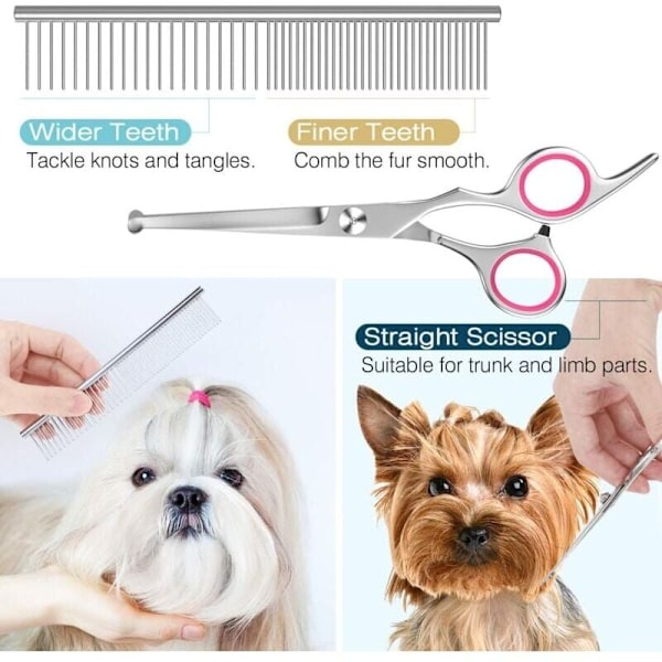 Hundtrimningssax, 5 st Titaniumbelagda Rostfria Verktyg för Husdjurstrimning, Uttunnings-/Raka/Böjda Saxar och Kam, Rosa..DEBUNS
