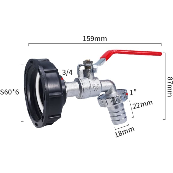 TG 3/4\" afløbsventil med slangetilslutning og adapter, S60X6 grovgevind