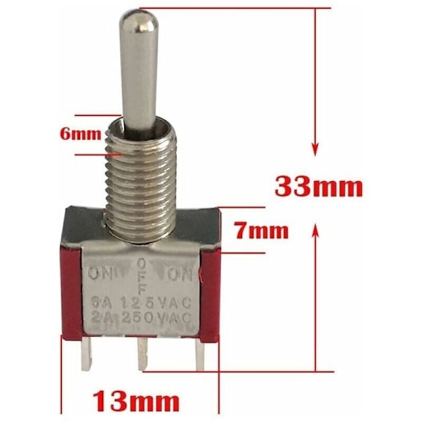 10 kpl Mini-vaihtokytkin, AC 125V 6A / 250V 2A 3-nastainen SPDT ON-OFF-ON 3-nastainen 3-asentoinen SPDT itselukittuva vaihtokytkin autonosille punainen, DEBUNS
