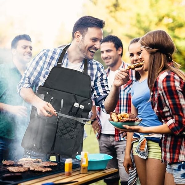 7-delt grillsett med grillforkle i rustfritt stål, grill