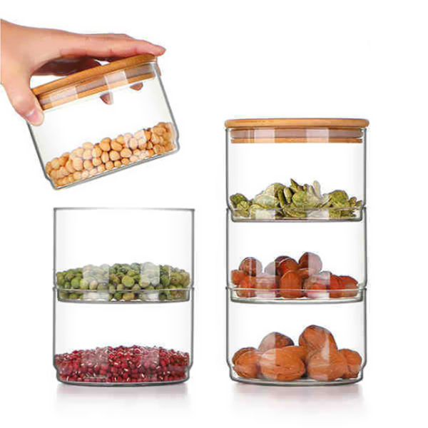 Airtight Kitchen Storage Containers, Three-Tier Stackable Glass Jars Bamboo Lids, Clear Borosilicate Glass Multifunctional Storage, Microwave Safe