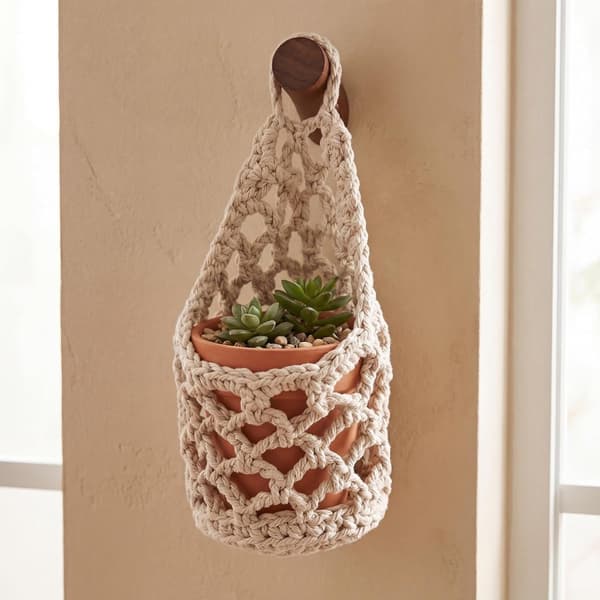 Makrame Väggkorgar för Växter, Handvävd Bomull, Platsbesparande Inredning för Vardagsrum, Set om 6, Vit, 13 x 24 cm