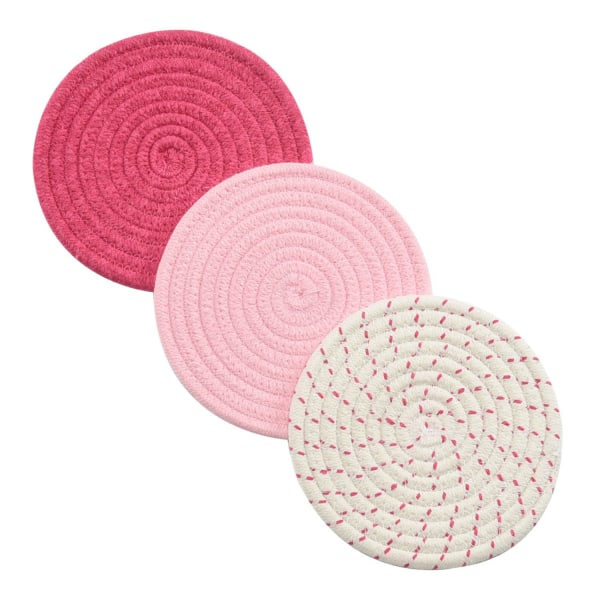 Sæt af 100 % ren bomulds grydelapper (sæt med 3) varme måtter, skedeholder til madlavning og bagning med diameter 9 tommer (rosa)