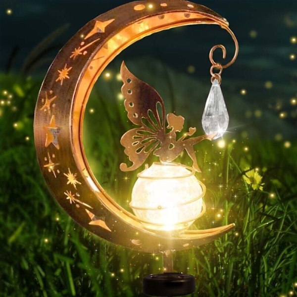 Måne Solcellslampor Trädgård Dekorativ Uteplatsdekor Metall Sol Måne Glas LED Trädgårdslampa Vattentät Fe Ljus Stolpe Gård Gräsmatta DEBUNS