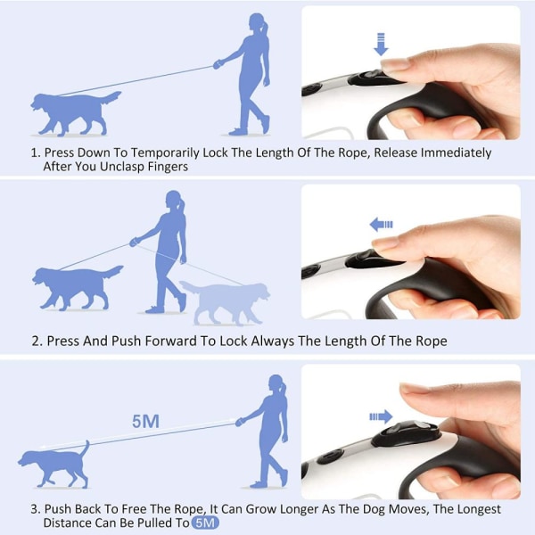 Pidennysnauha 5M koiran hihnalle, taskulampulla, 1 painike jarrulle ja lukitukselle