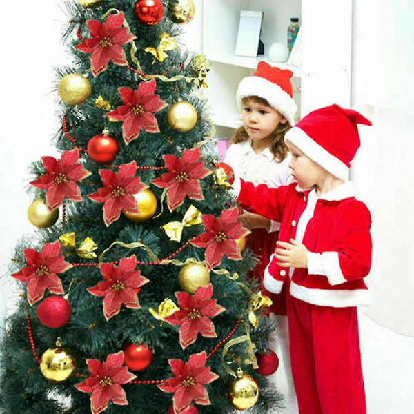jul Julstjärna Glitter Flower Xmas Tree Hängande Dekor Röd 10St