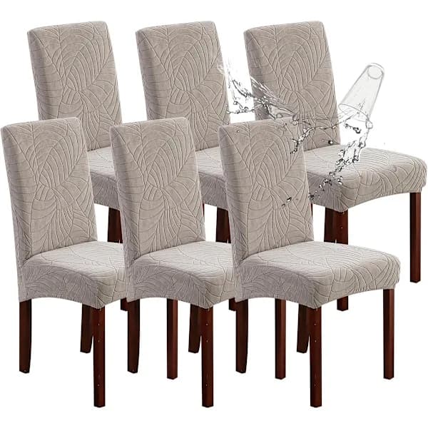 Vanntette spisestoltrekk, sett med 6, elastiske jacquard avtagbare vaskbare trekk til hjem, restaurant, hotell, varm grå blad-mønster