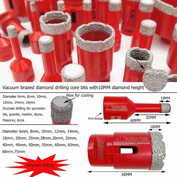 3 stk. 6 mm/8 mm/10 mm vakuumbrazerede diamantbor med M14-gevind til tørboring af porcelænsfliser, granit og marmor