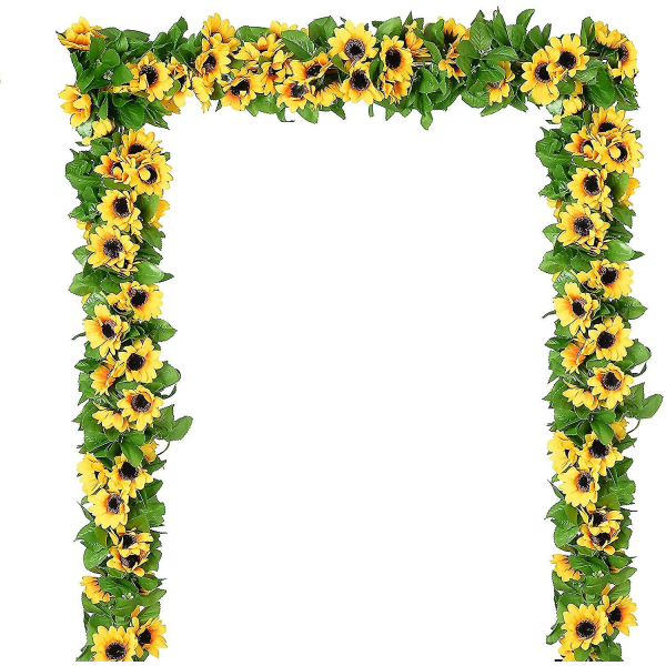 4 stk. kunstige solsikkegirlander, silkesolsikke-ranker, kunstige blomster med grønne blade