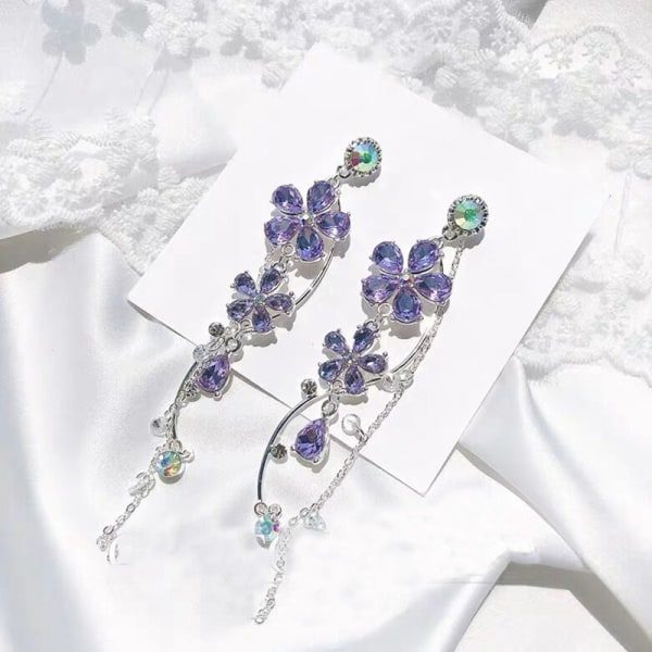 Sølv lange blomsterøreringer Lilla strass Store elegante blomsterformede dråpeøreringer Statement Charm-ørering Kroppssmykker for kvinner og jenter