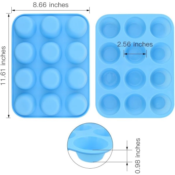 Galaxy 12-kopps muffinsform i silikon, förpackning med 2 molds som inte klistrar, bakpanna (blå)