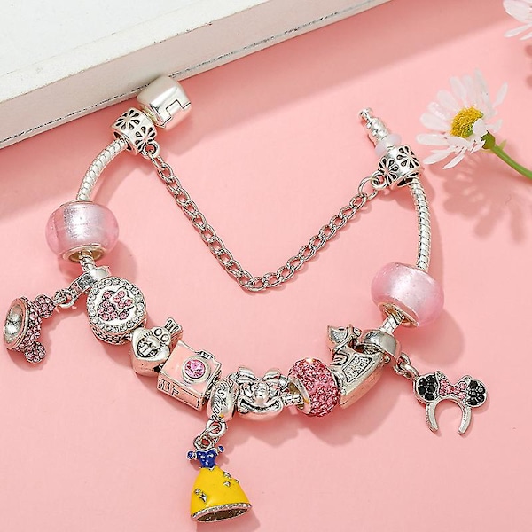 Rosa Charm-armband i tecknad stil passar Pandora DIY-smycken för kvinnor - Liten klocka 18 cm/7,1 tum