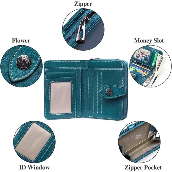 Liten bifold-plånbok i läder for kvinner med RFID-blokkering (blå)