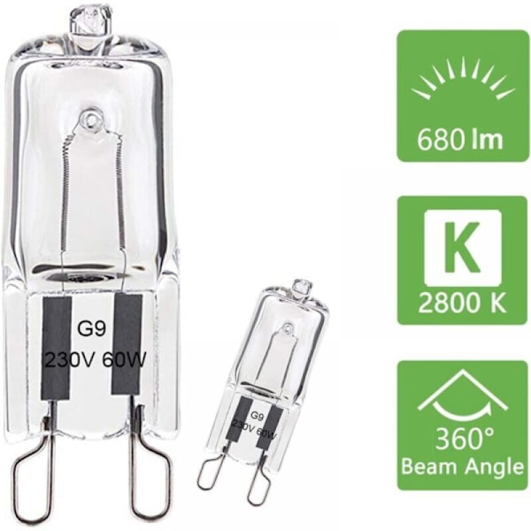 G9 halogenlampe, 60 W, varm hvid 2800 K, 680 lm, 230 V, dæmpbar, halogen kapsel glødelampe, 10 stk.