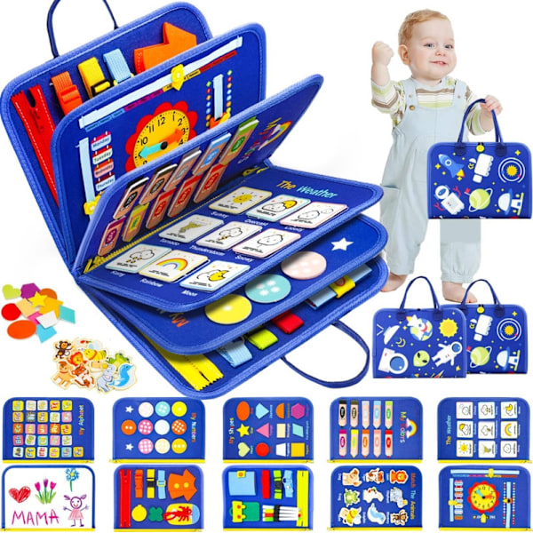 Montessori Busy Board för Barn 1-4 År, 12-Sidig Aktivitetsleksak med Dragkedja