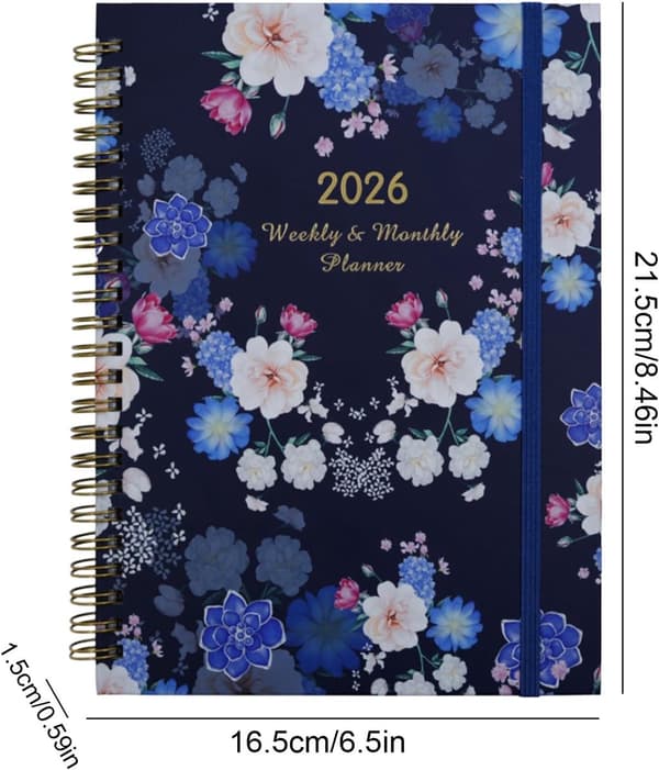 2026 Ugentlig og Månedlig Planlægger, Ringbindsnotesbog med Elastiklukning, til Skole, Arbejde og Møder, Marineblå Blomstret, 21.5 x 16.5 cm