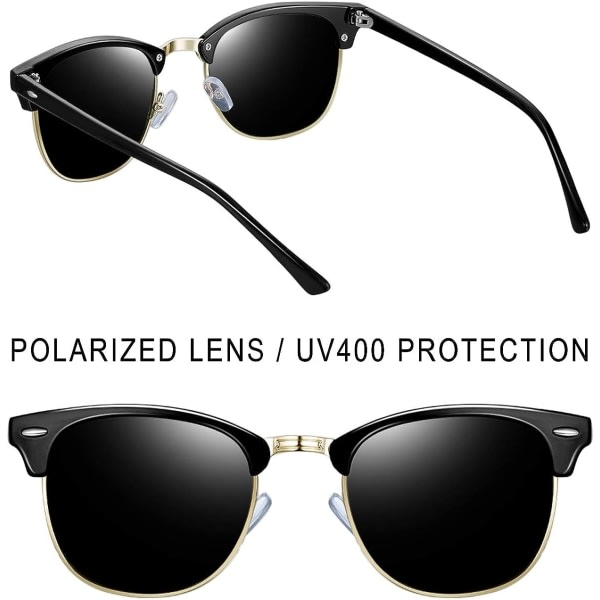 Halvbågløs polarisert solglass Man - UV400 beskyttelse Retro solglass med halv ram Unisex polarisert solglass for damer svart