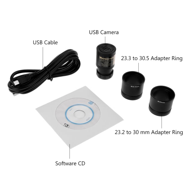 HD CMOS 2,0 MP USB Elektroniskt Okular Mikroskopkamera med Monteringsstorlek 23,2 mm och Ringadaptrar 30 mm & 30,5 mm