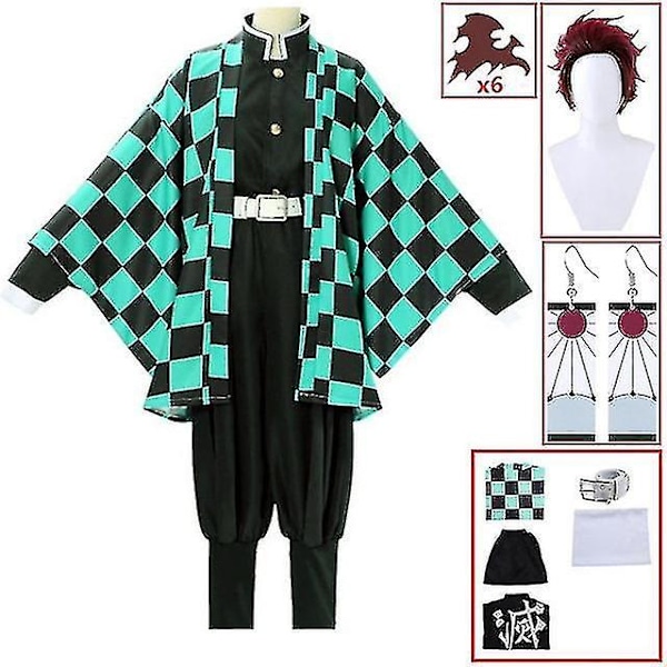 Demon Slayer kimono Kamado Tanjirou Cosplay kostyme Halloween Anime uniform sett for voksne barn V 8-delt sett 130