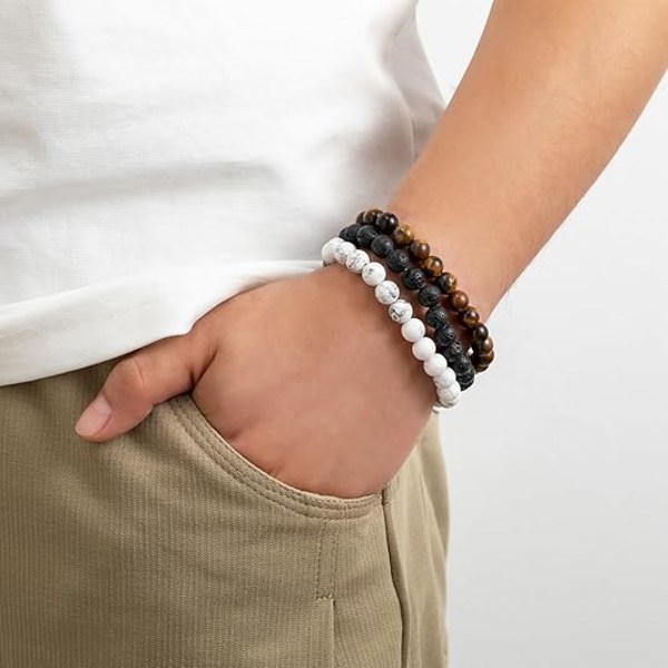 Herrarmband med pärlor, Tigeröga, 8 mm, Naturstenspärlor, Justerbart stretch armband set
