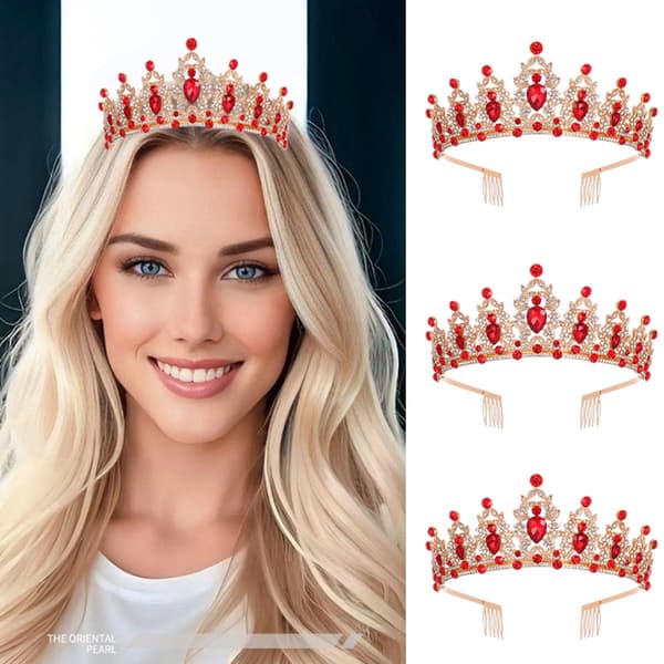 Rød Krystall Dronning Krone Gull Tiara med Kammer, 3A Rhinestone Brudehodeplagg for Kvinner Bryllup Bursdag Ballfest