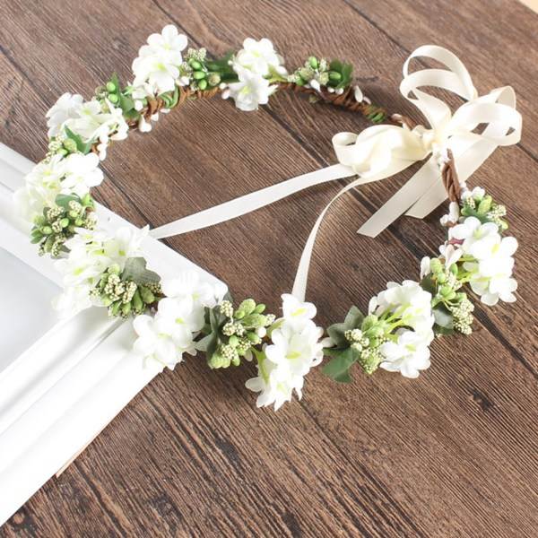 Blomsterpannband för kvinnor Blomma Krona Blomkrans för Mors Dag Bröllopsfest Strand (vit)