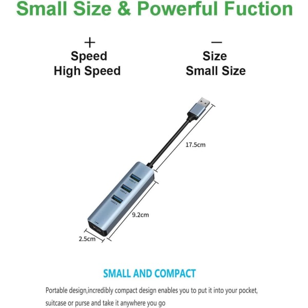 USB till Ethernet-adapter, USB Ethernet-hubb med 3 portar och RJ45 Gigabit