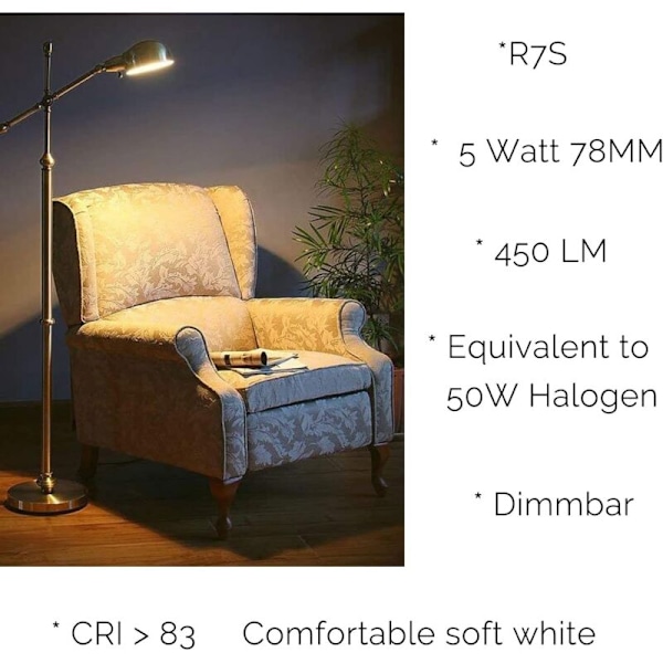 R7S LED 78mm Dimbar Varmhvit 2700K 5W J78 LED Lampe 450lm Erstatter 50W Halogenlampe Lyspære 230V 83 Ra, 2-pakning [Energiklasse E]
