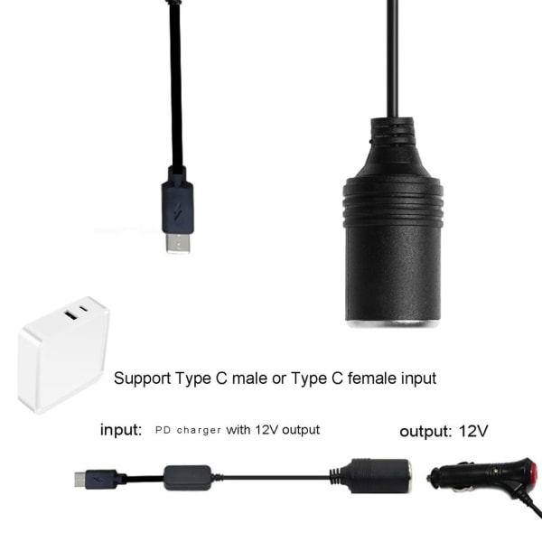 USB C PD hunn type C hann til 12V biluttak strøm med utgangsspenningsdisplay for 12V bil LED-lys 30CM 0.06